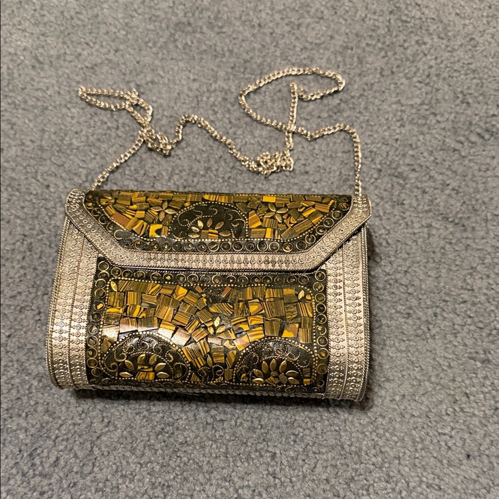 Elegant Gold and Silver Beaded Clutch